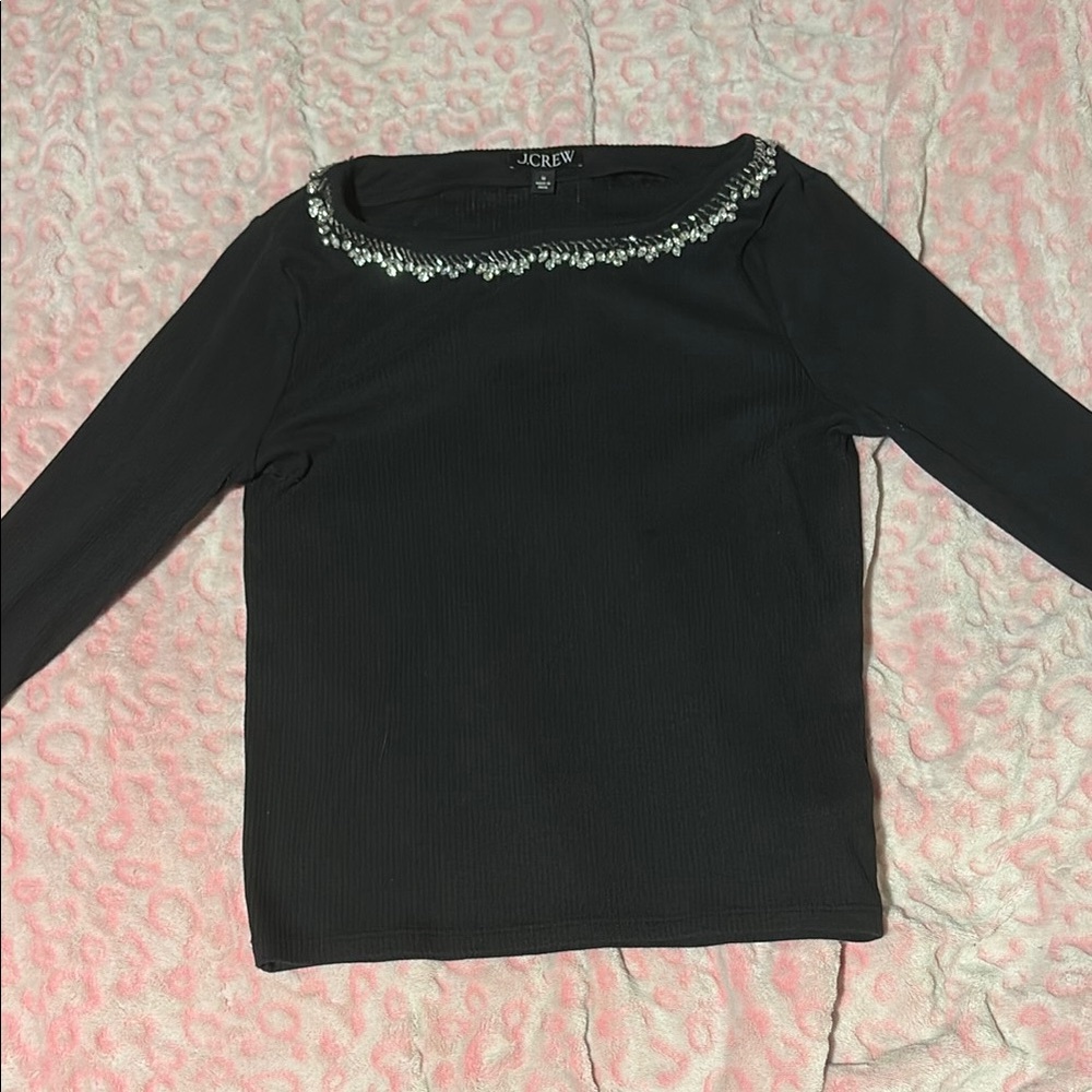 j. crew boatneck ribbed long sleeve top with rhinestone neckline